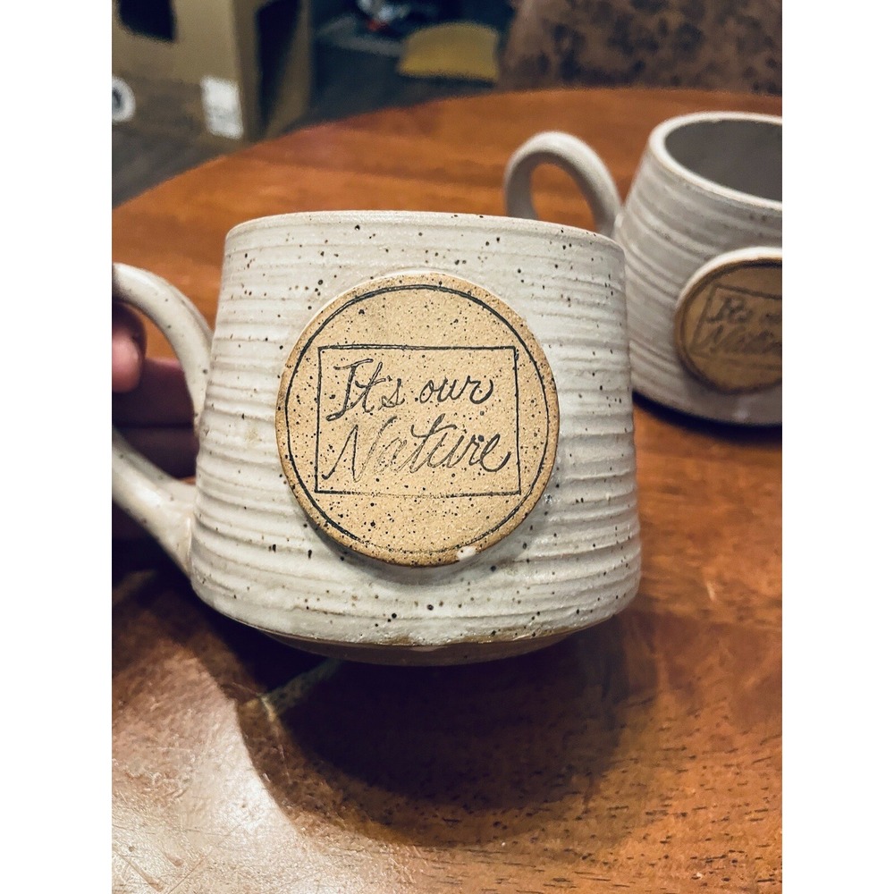 Set of 2 Stoneware Coffee Mug It's Our Nature Cream Speckled Ceramic Handmade